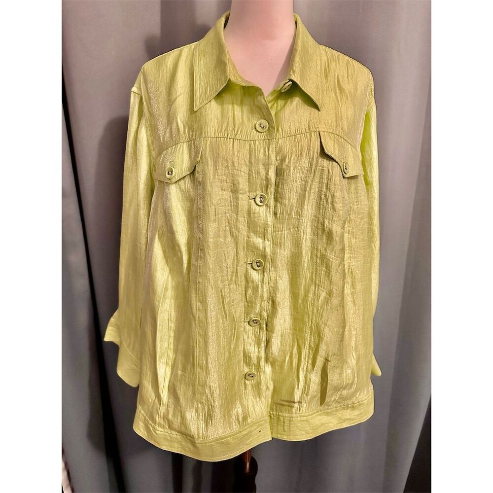 Lara Lane Women's Plus 24W Green Button-Up Shirt Long Sleeve Casual